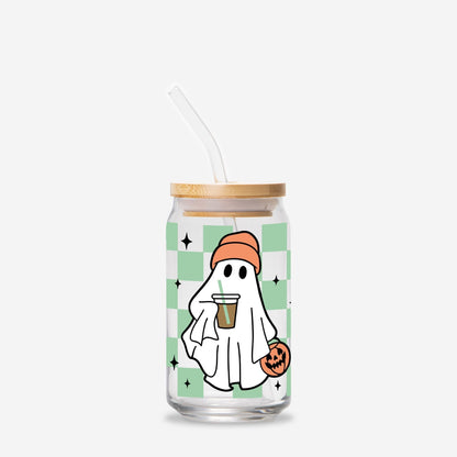 Checkered Ghost Halloween Glass Can 16oz