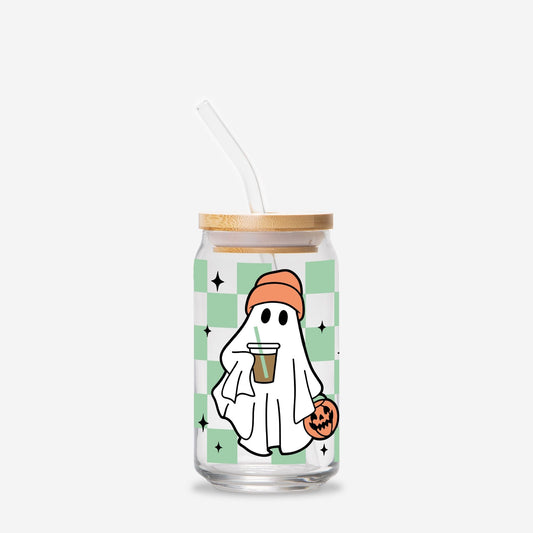 Checkered Ghost Halloween Glass Can 16oz