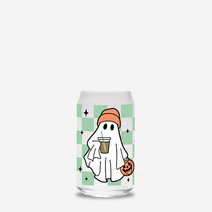 Checkered Ghost Halloween Glass Can 16oz