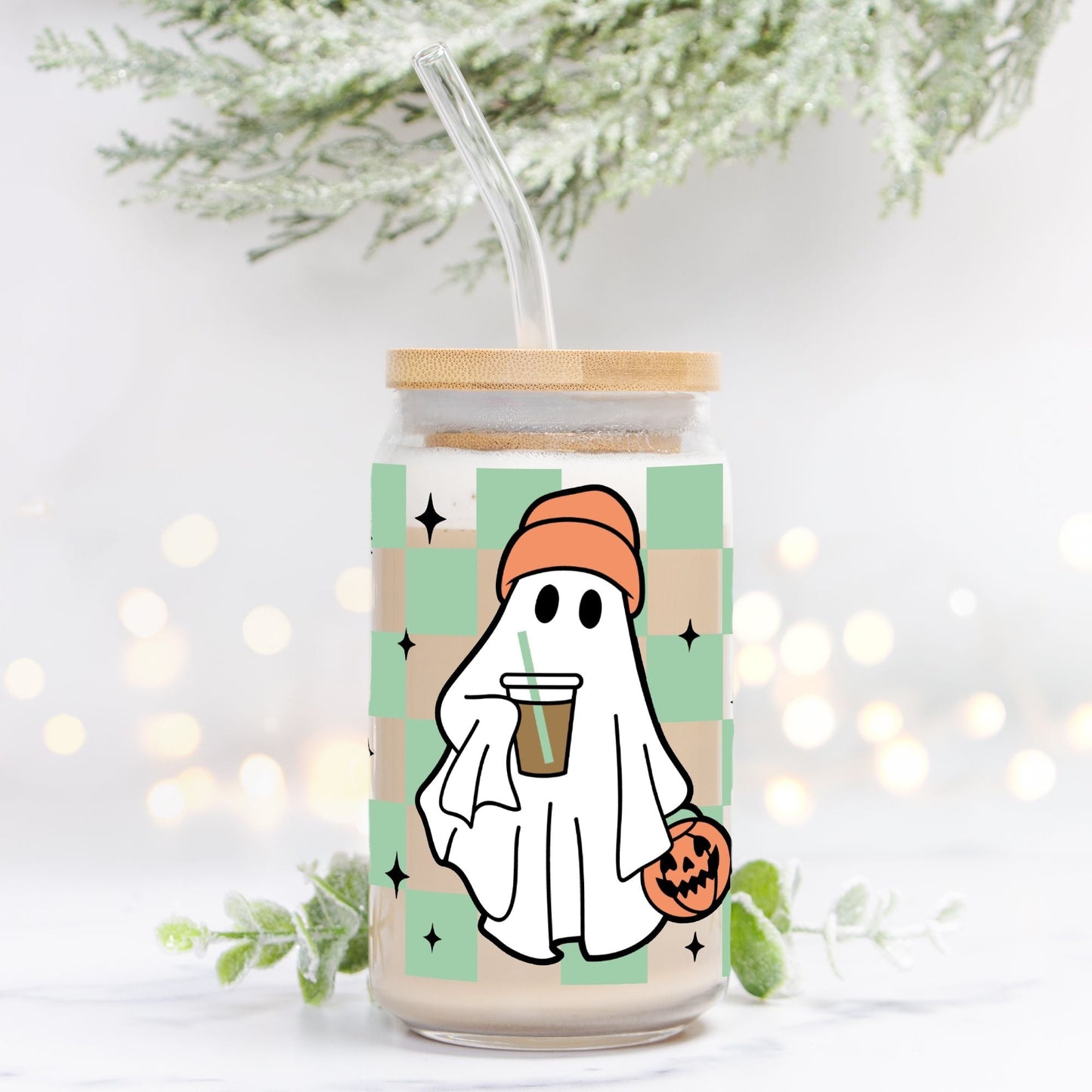 Checkered Ghost Halloween Glass Can 16oz