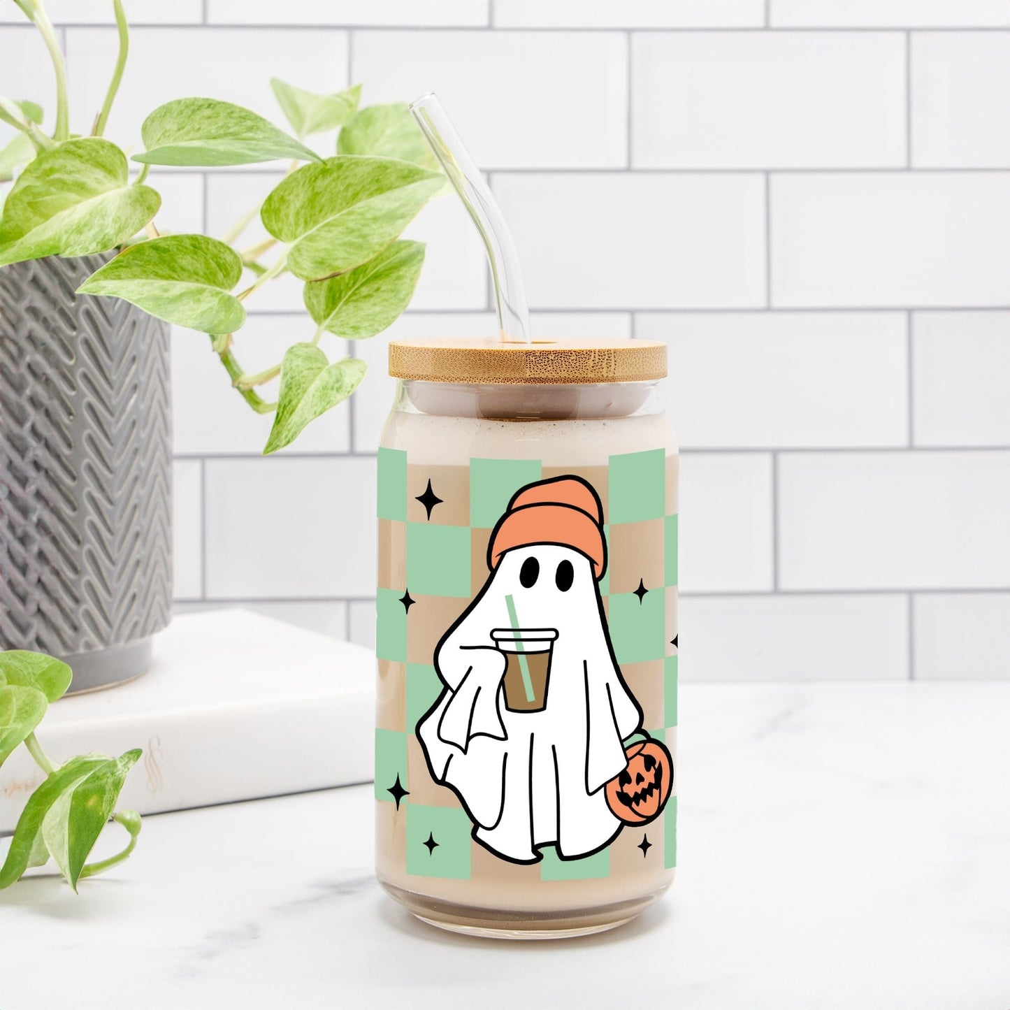 Checkered Ghost Halloween Glass Can 16oz