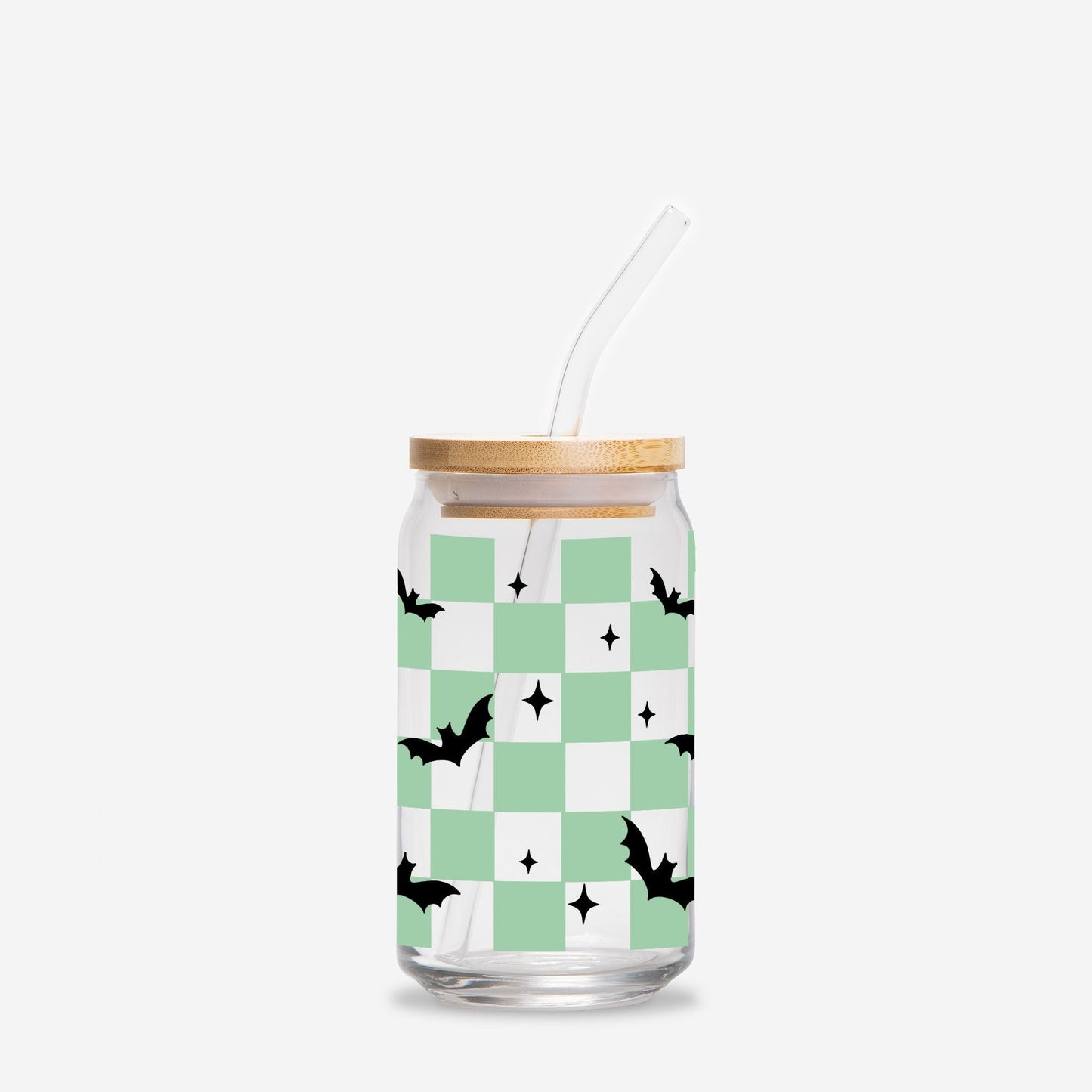 Checkered Ghost Halloween Glass Can 16oz