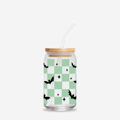 Checkered Ghost Halloween Glass Can 16oz